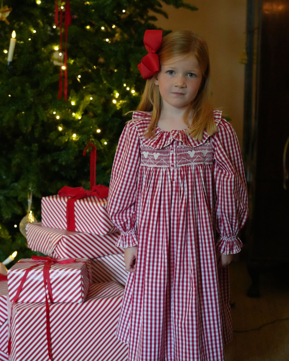Nightingale Girl's Dress Crimson Gingham with Snow Angel Hand Smocking