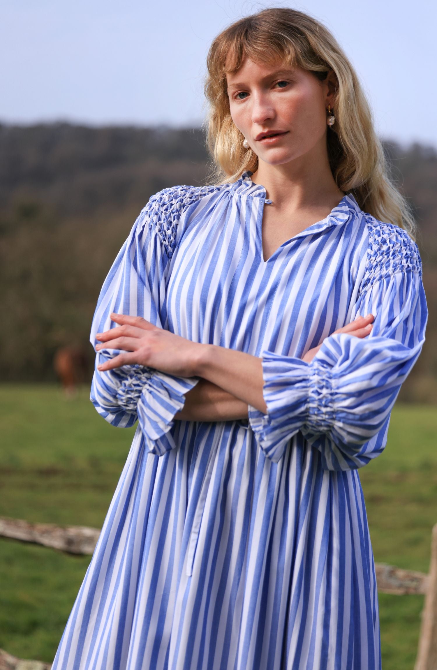 Aloha Wanderwell Dress Ocean Stripe with White Honeycomb Hand Smocking