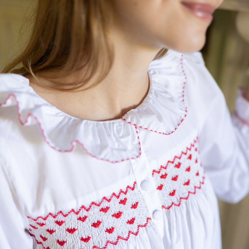Nightingale Women's Dress Moonstone with Red Hearts Hand Smocking