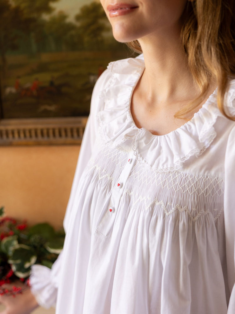 Nightingale Women's Dress Moonstone Cotton with Lattice Smocking and Embroidered Heart Buttons