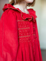 Elizabeth Blackwell Dress Crimson Needlecord with Gold Coin Hand Smocking