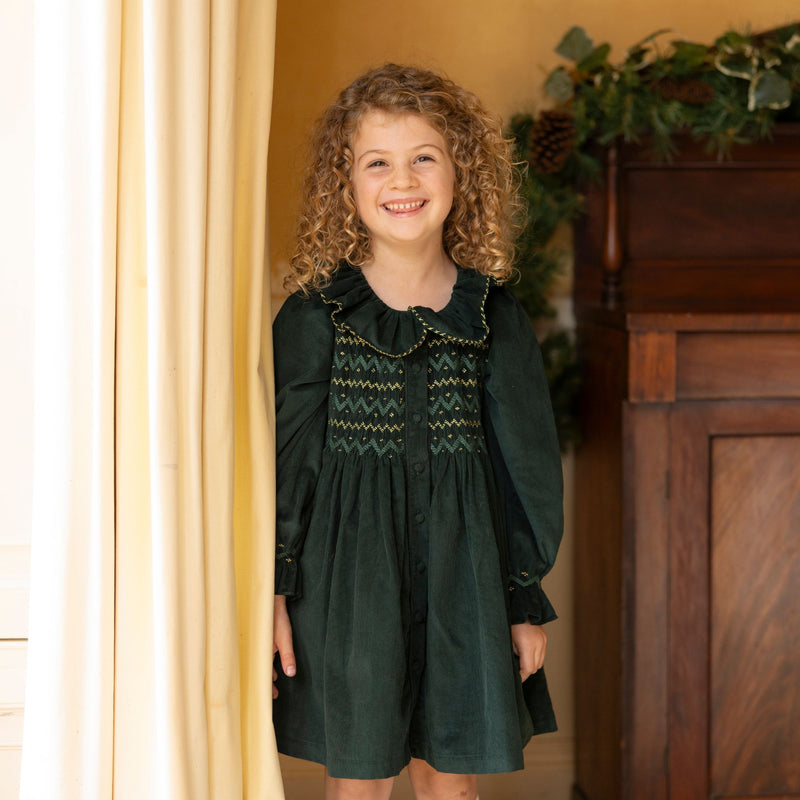 Elizabeth Blackwell Dress Pine Tree Needlecord with Nordic Sparkle Hand Smocking