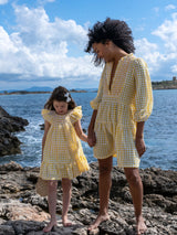 2-3y Indira Gandhi Flutter Dress Yellow Submarine Seersucker with Lychee Lemonade Hand Smocking