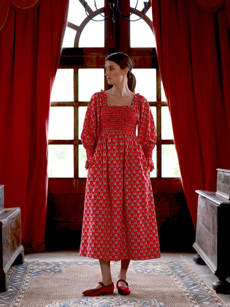 Josefine Butler Dress Christmas Marigold with Scarlet and Spice Hand Smocking