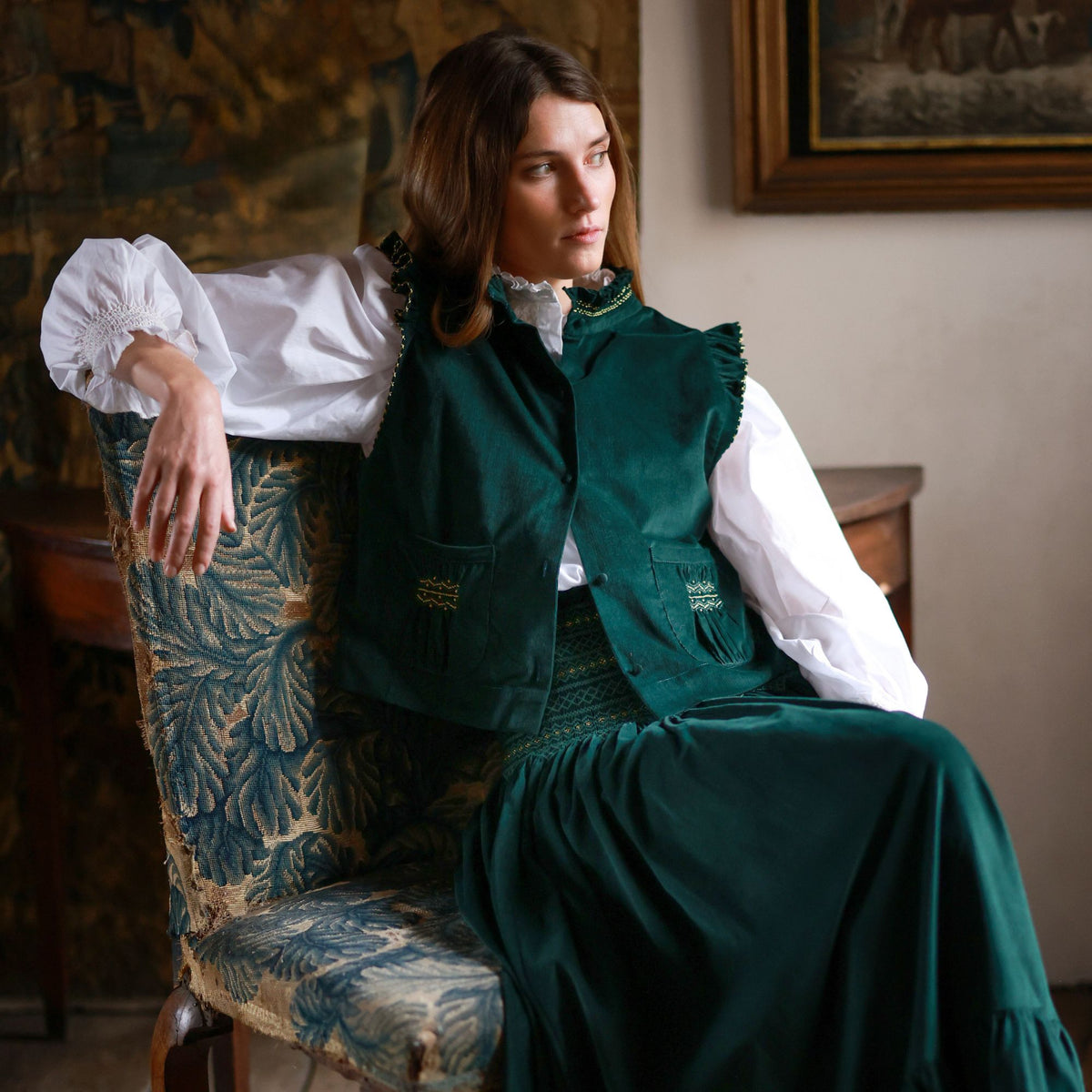 C J Walker Waistcoat Pine Tree Needlecord with Nordic Sparkle Hand Smocking Edition 8