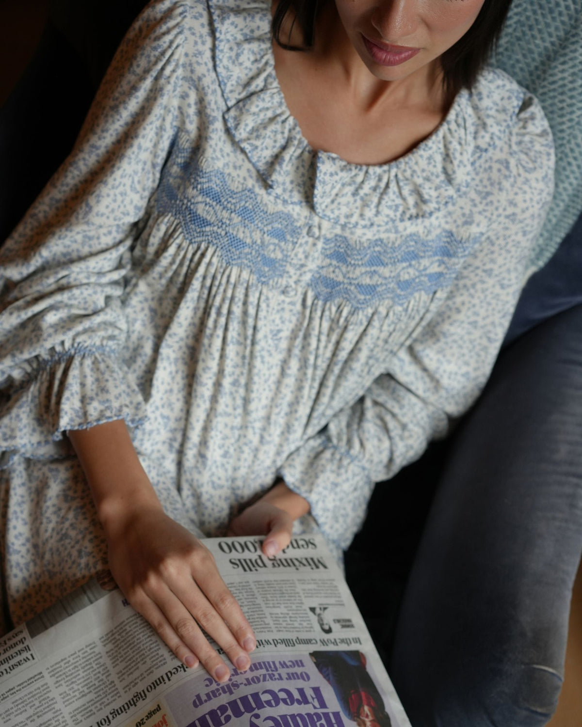 Women's Nightingale Dress Cornflower Ditsy with Bluebell Hand Smocking