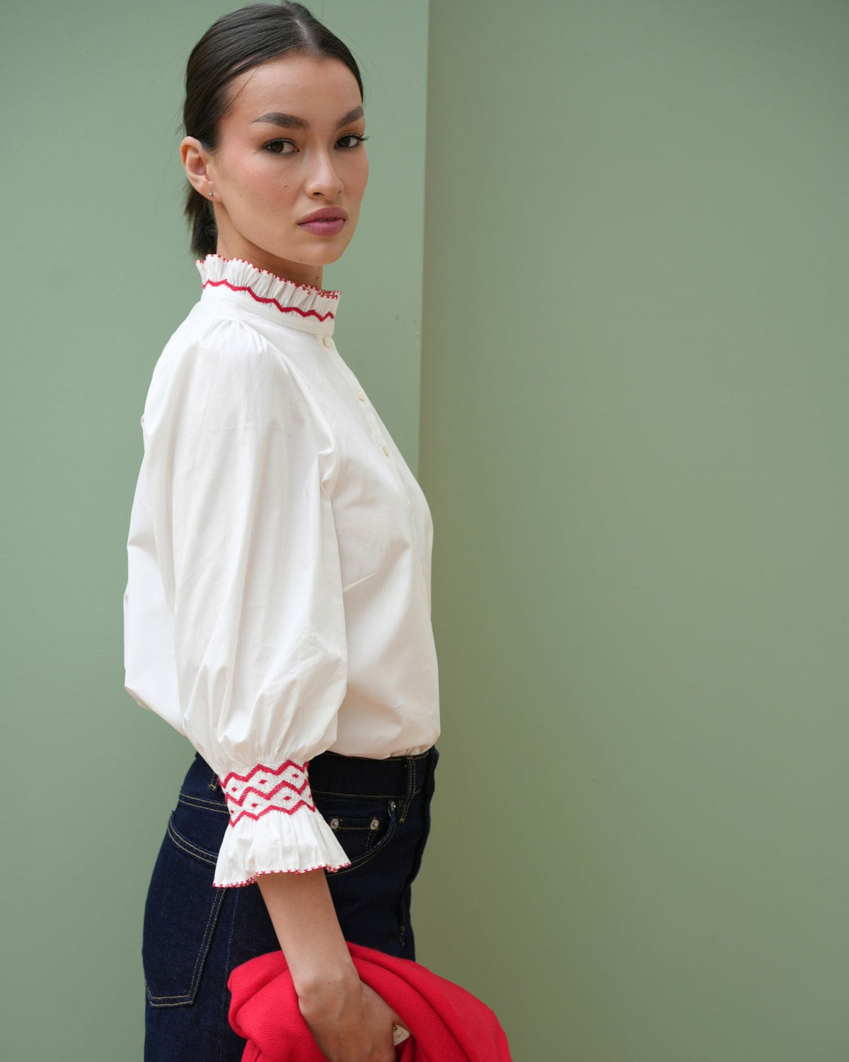 Shelley Blouse White Cotton with Pillar Box Red Hand Smocking