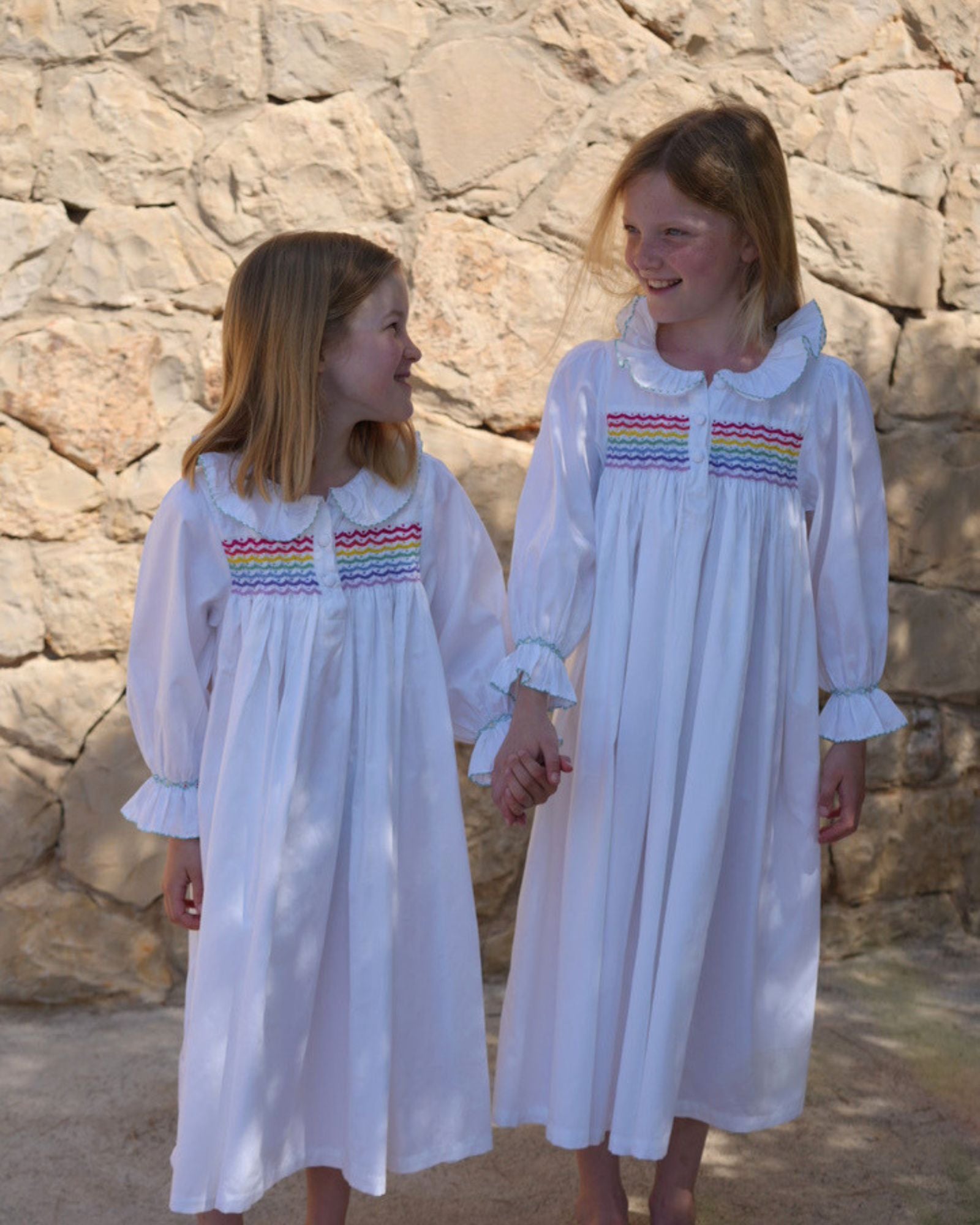 Nightingale Girl's Dress Moonstone Cotton with Rainbow Hand Smocking