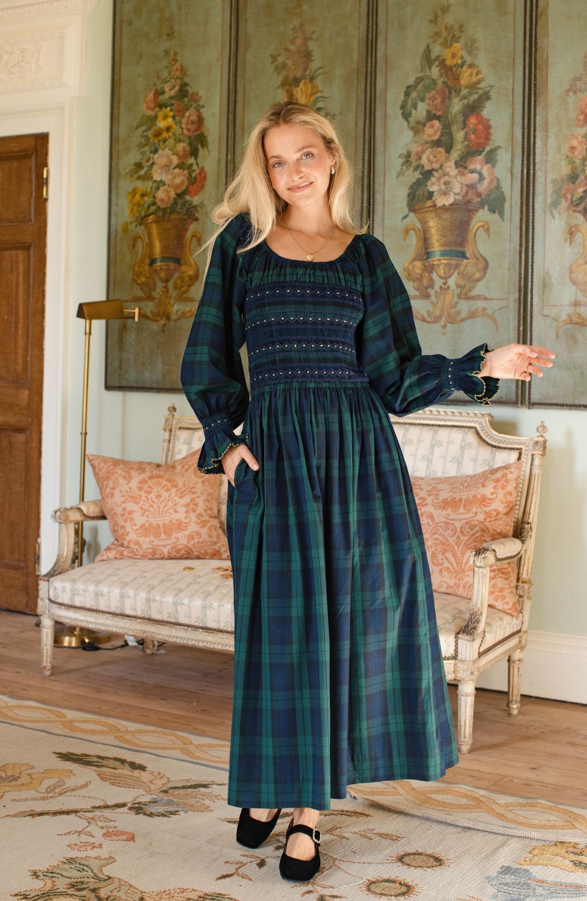 Earhart Dress Blackwatch Tartan with Midnight Star Hand Smocking