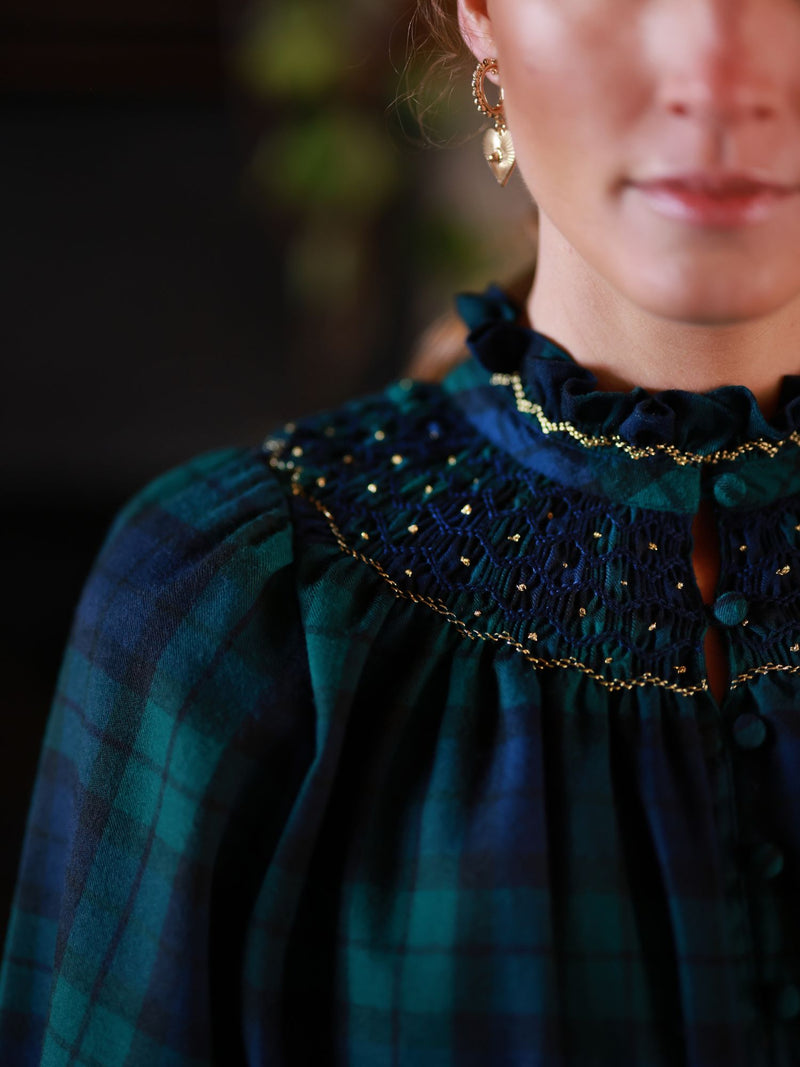 Colette Women's Dress Black Watch Tartan with Royal Blue Hand Smocking