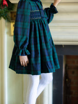 Margaret Thatcher Dress Black Watch Tartan with Golden Glimmer Hand Smocking