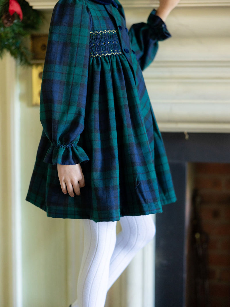 Margaret Thatcher Dress Black Watch Tartan with Golden Glimmer Hand Smocking