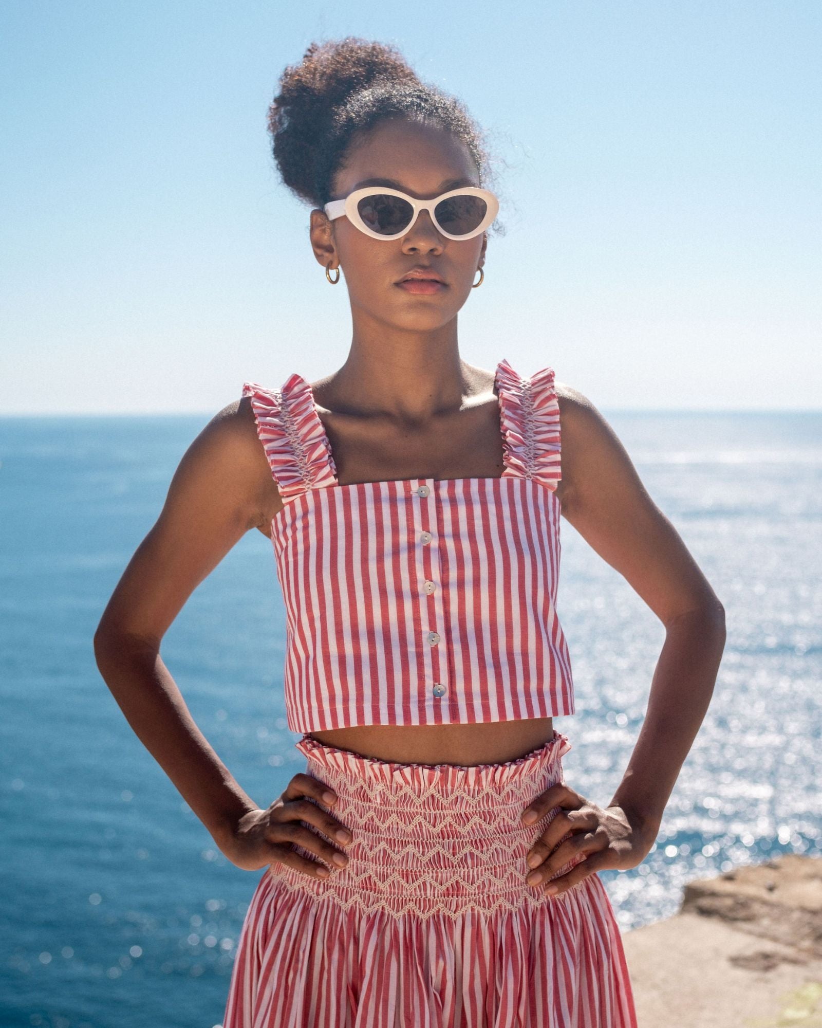 Gibson Top Tomato Stripe with Chalk Hand Smocking