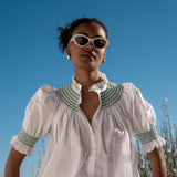 Scholl Women's Summer Blouse White with Green Apple Hand Smocking