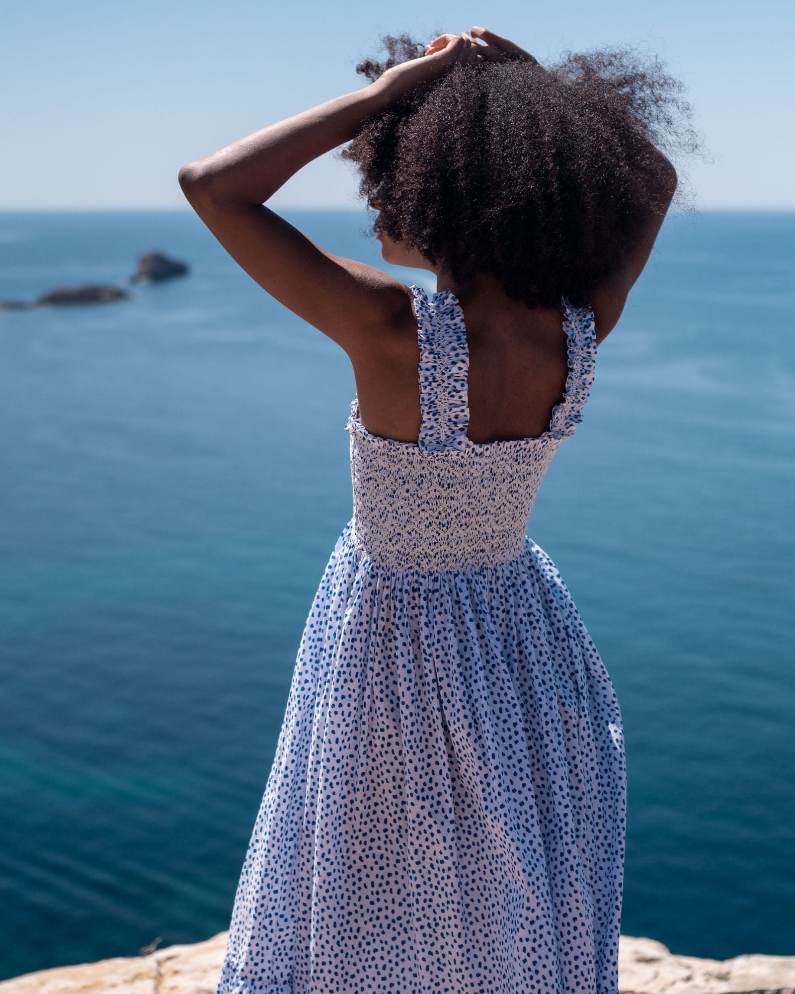 Rachel Carson Dress Blue Leopard with Sapphire Hand Smocking
