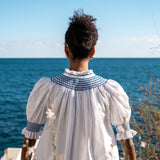 Scholl Women's Summer Blouse White with Sapphire Hand Smocking