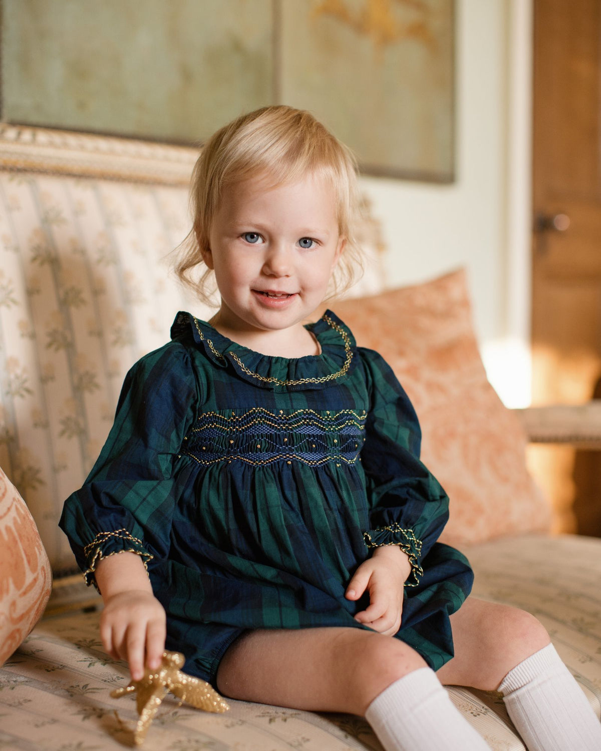 Jane Austen Romper Blackwatch Tartan with Midnight Star Hand Smocking