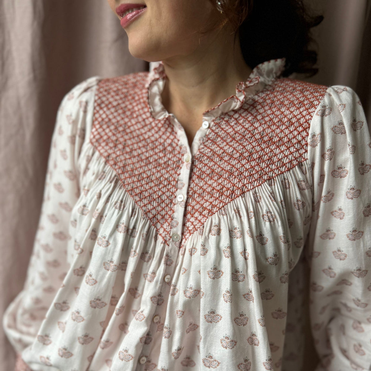 Large Rosa Parks Blouse Terracotta Paisley Brushed Cotton With Butterscotch Smocking Edition 6