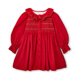 Elizabeth Blackwell Dress Crimson Needlecord with Gold Coin Hand Smocking