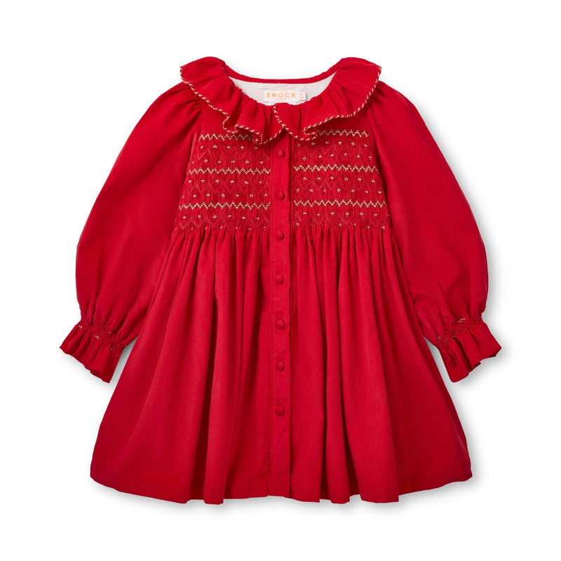 Elizabeth Blackwell Dress Crimson Needlecord with Gold Coin Hand Smocking