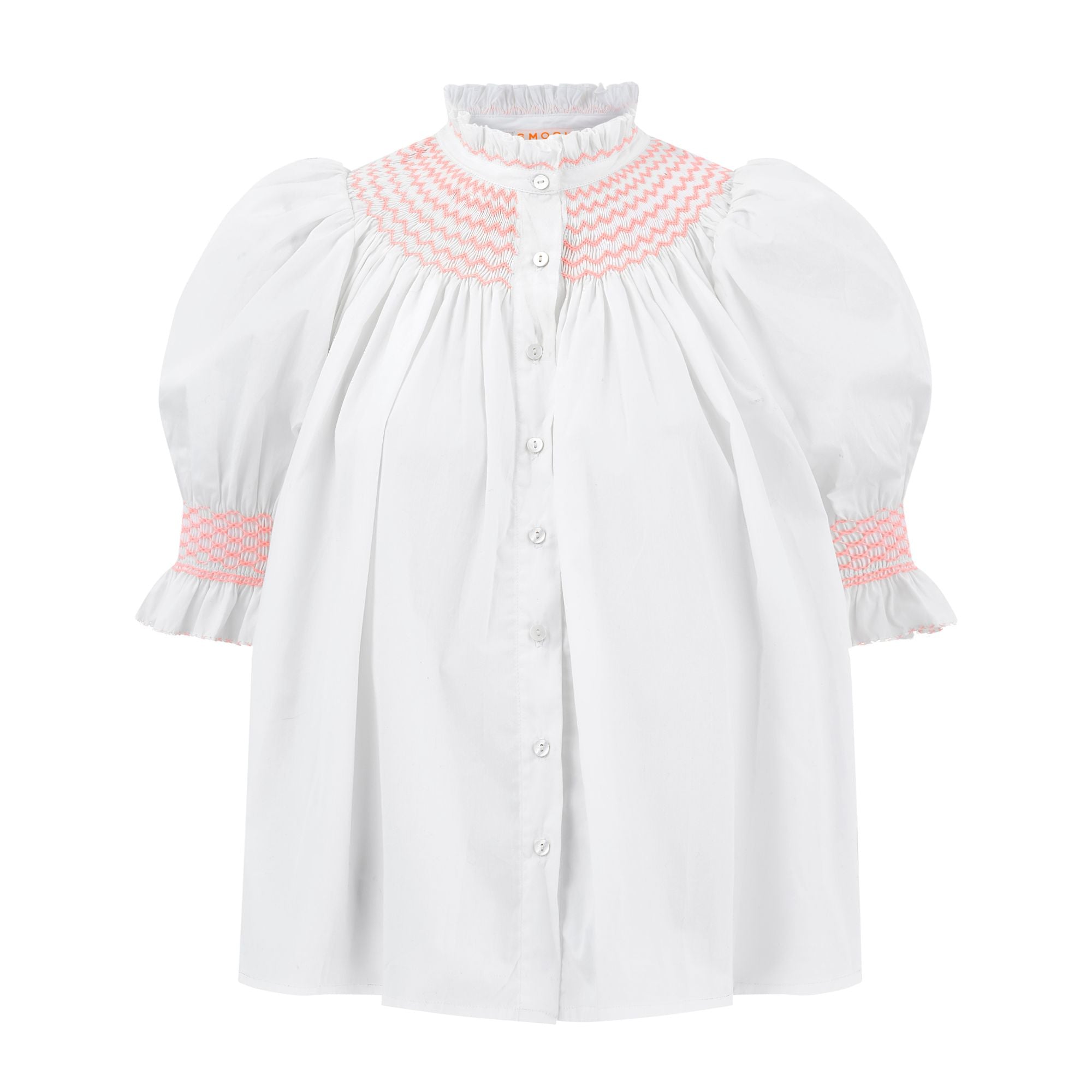 Scholl Women's Summer Blouse White with Coral Hand Smocking