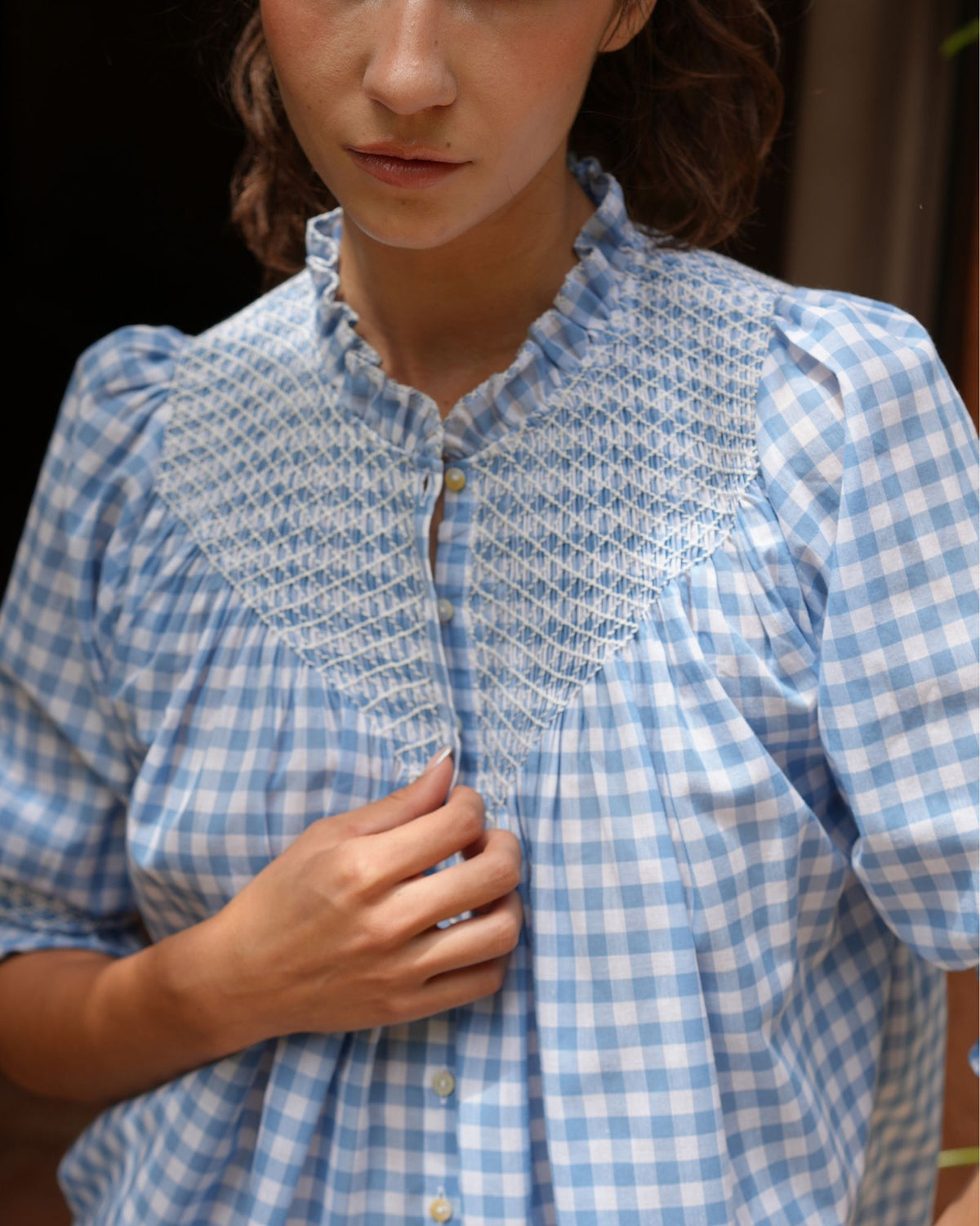 Rosa Parks Blouse Cornflower Gingham with Paper White Hand Smocking Edition 10