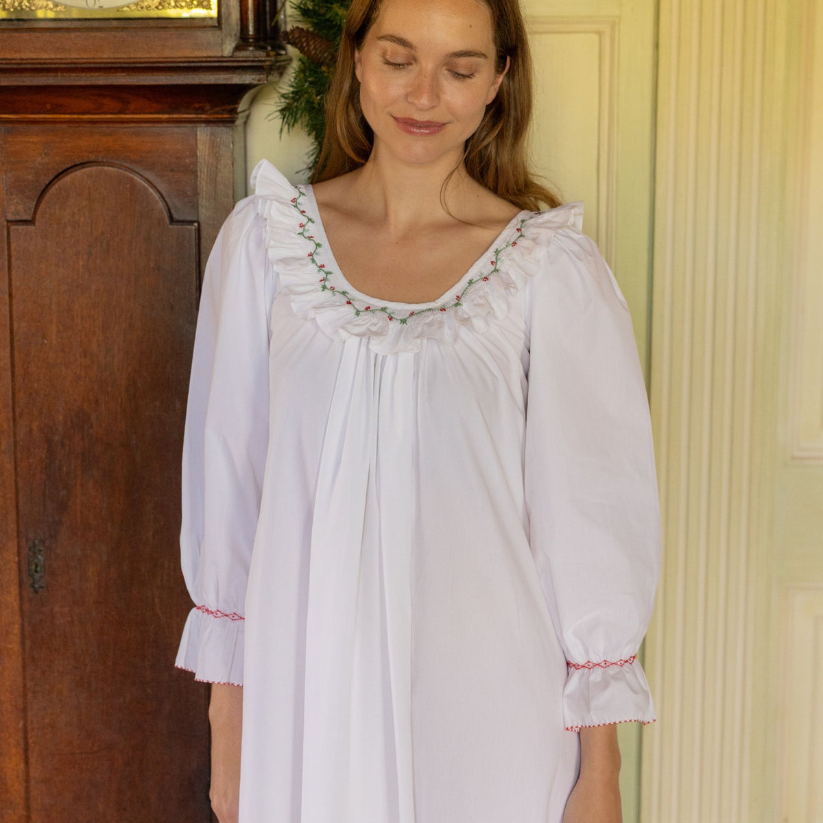 S/M Cassat Women's Dress Moonstone Cotton with Holly Hand Smocking