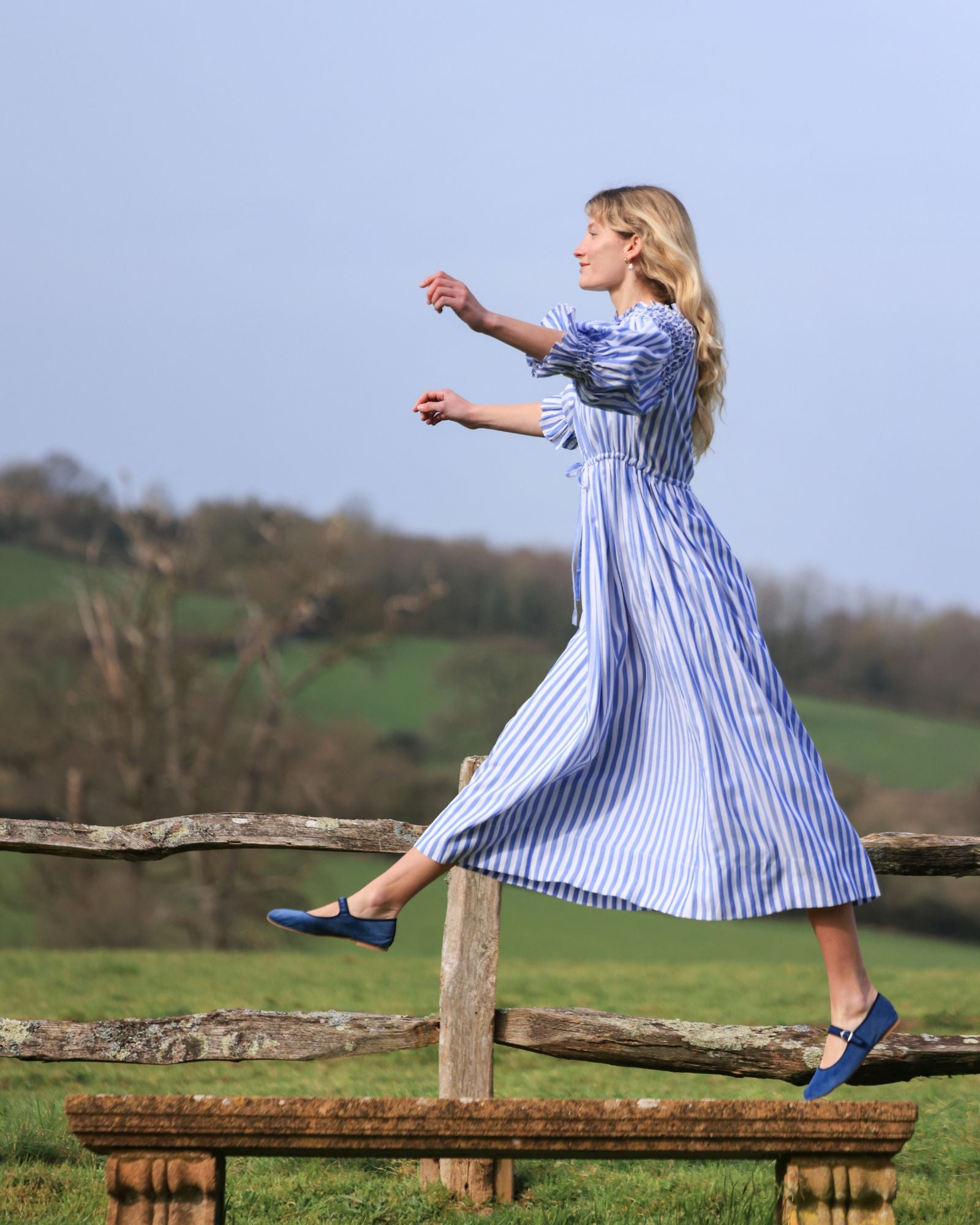 Aloha Wanderwell Dress Ocean Stripe with White Honeycomb Hand Smocking