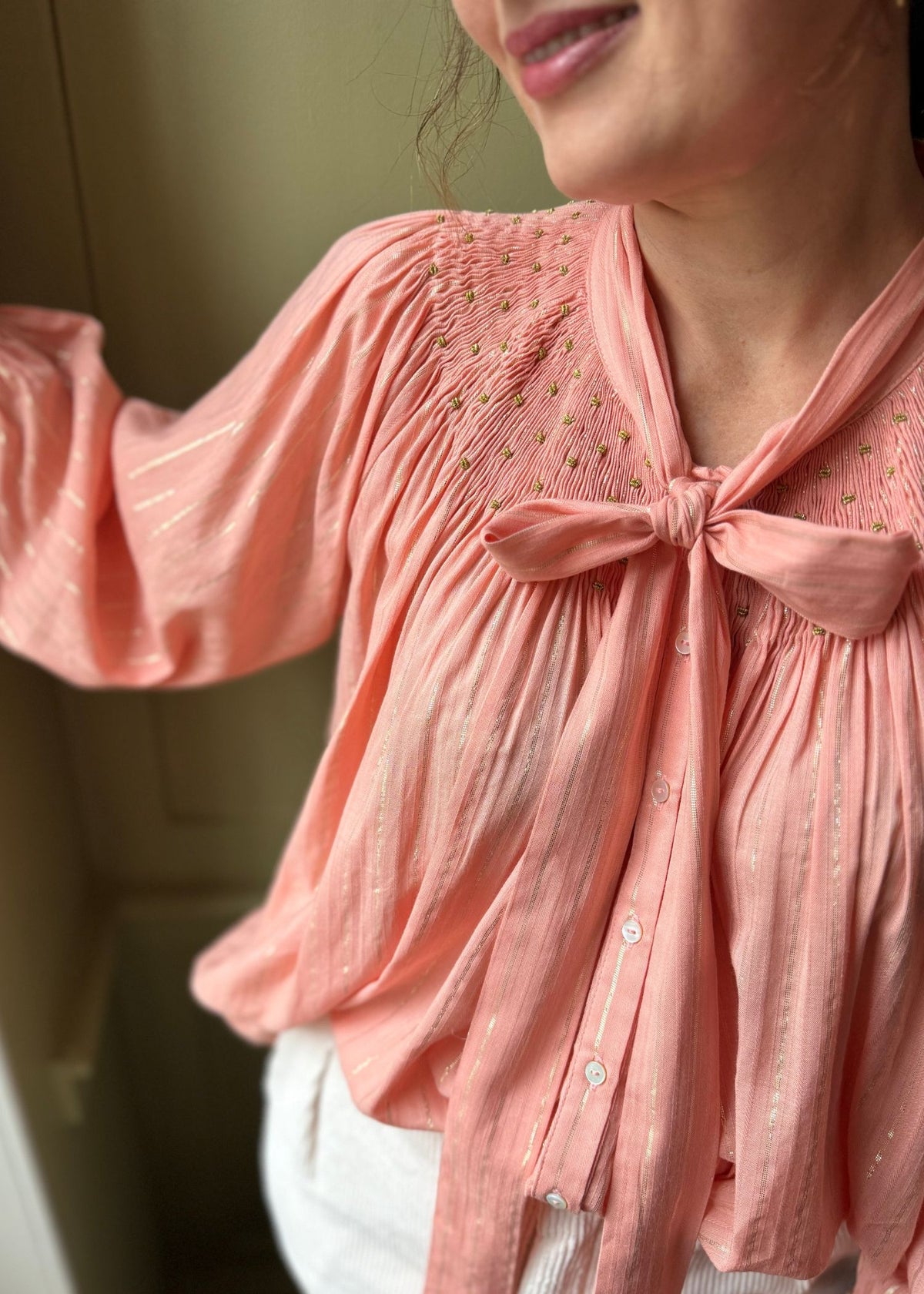 Large Burdett Coutts Pussy Bow Blouse Golden Girl Stripe with End of the Rainbow Hand Smocking Edition 1