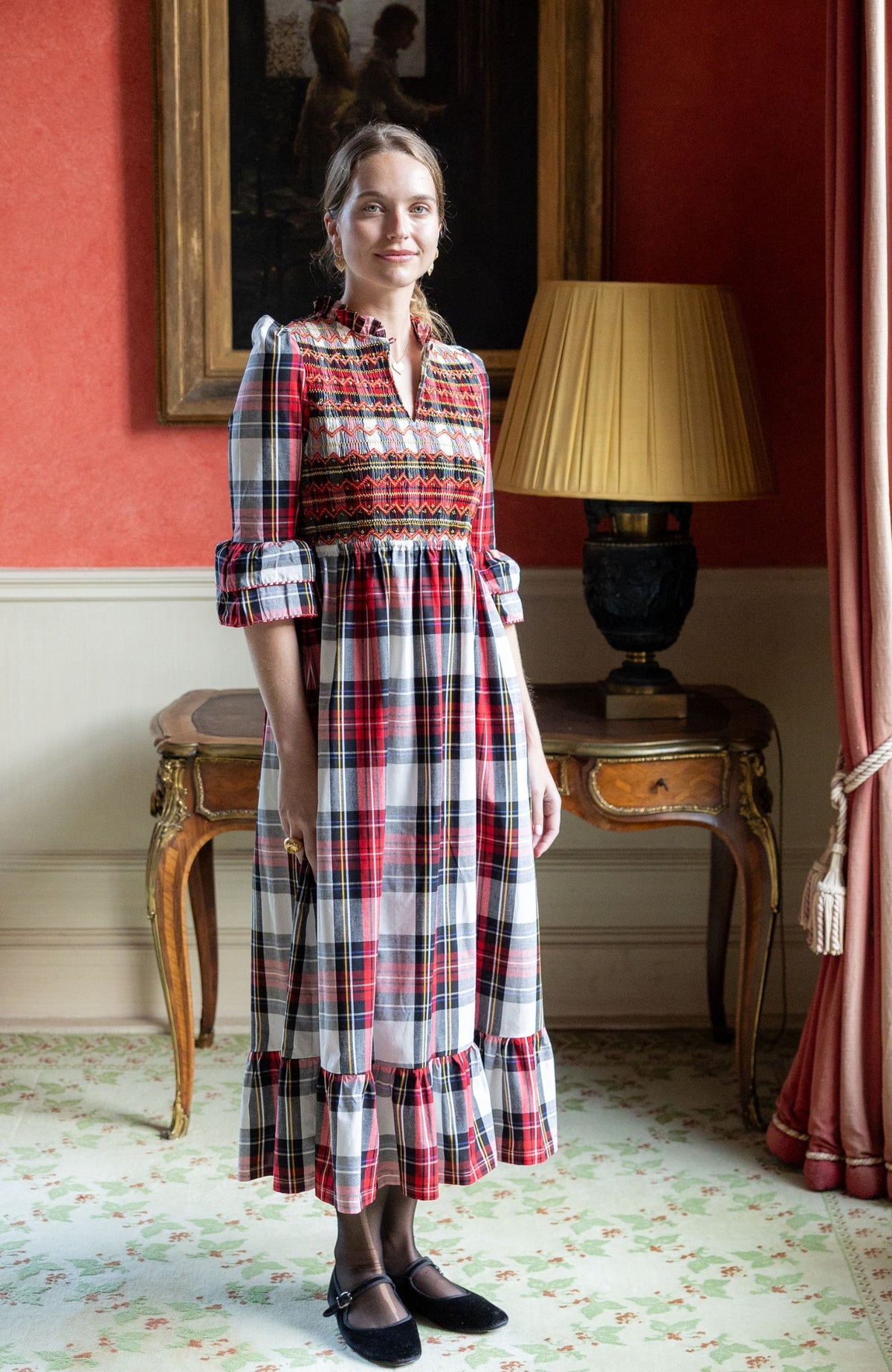 S/M Emmeline Pankhurst Women's Dress Royal Tartan with Sleigh Bell Hand Smocking