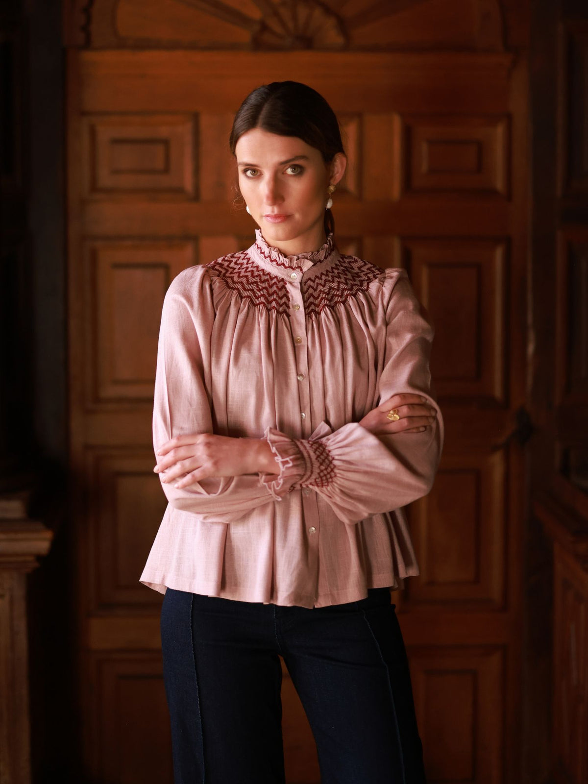 Large Scholl Blouse Dusty Pink linen with Mulberry Hand Smocking Edition 45