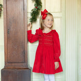 Elizabeth Blackwell Dress Crimson Needlecord with Gold Coin Hand Smocking