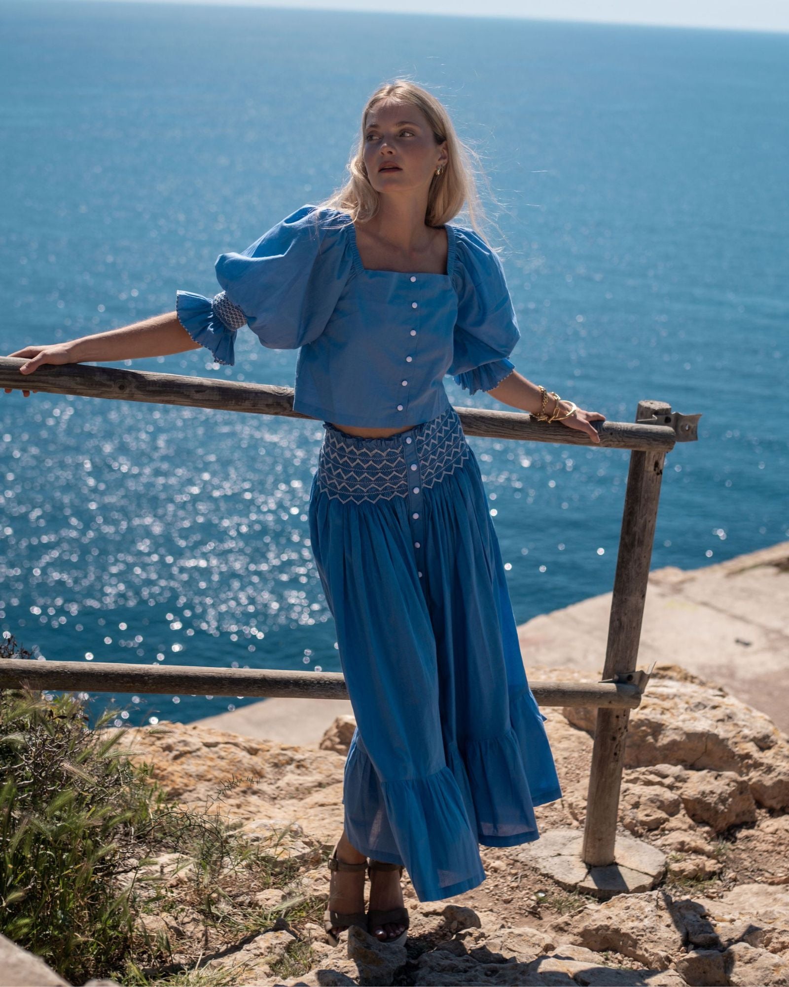Sullivan Skirt Lapis Lazuli Cotton with Seagull Hand Smocking