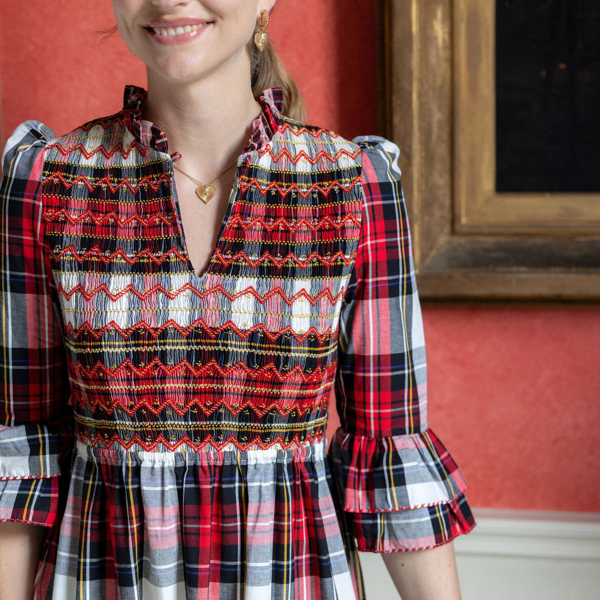 S/M Emmeline Pankhurst Women's Dress Royal Tartan with Sleigh Bell Hand Smocking