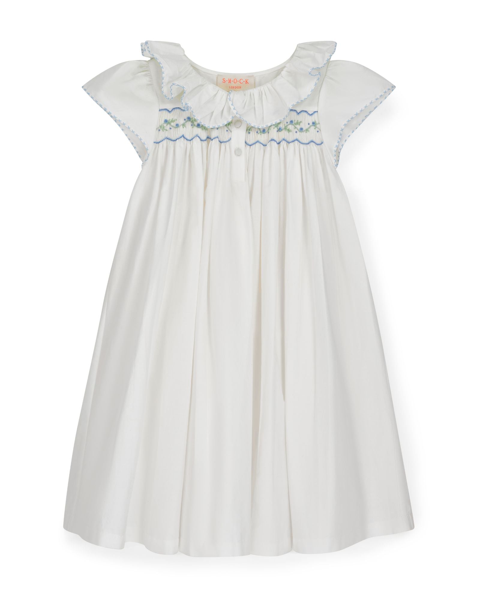 Nightingale Girl's Dress Moonstone Cotton with Blue Blooms Hand Smocking