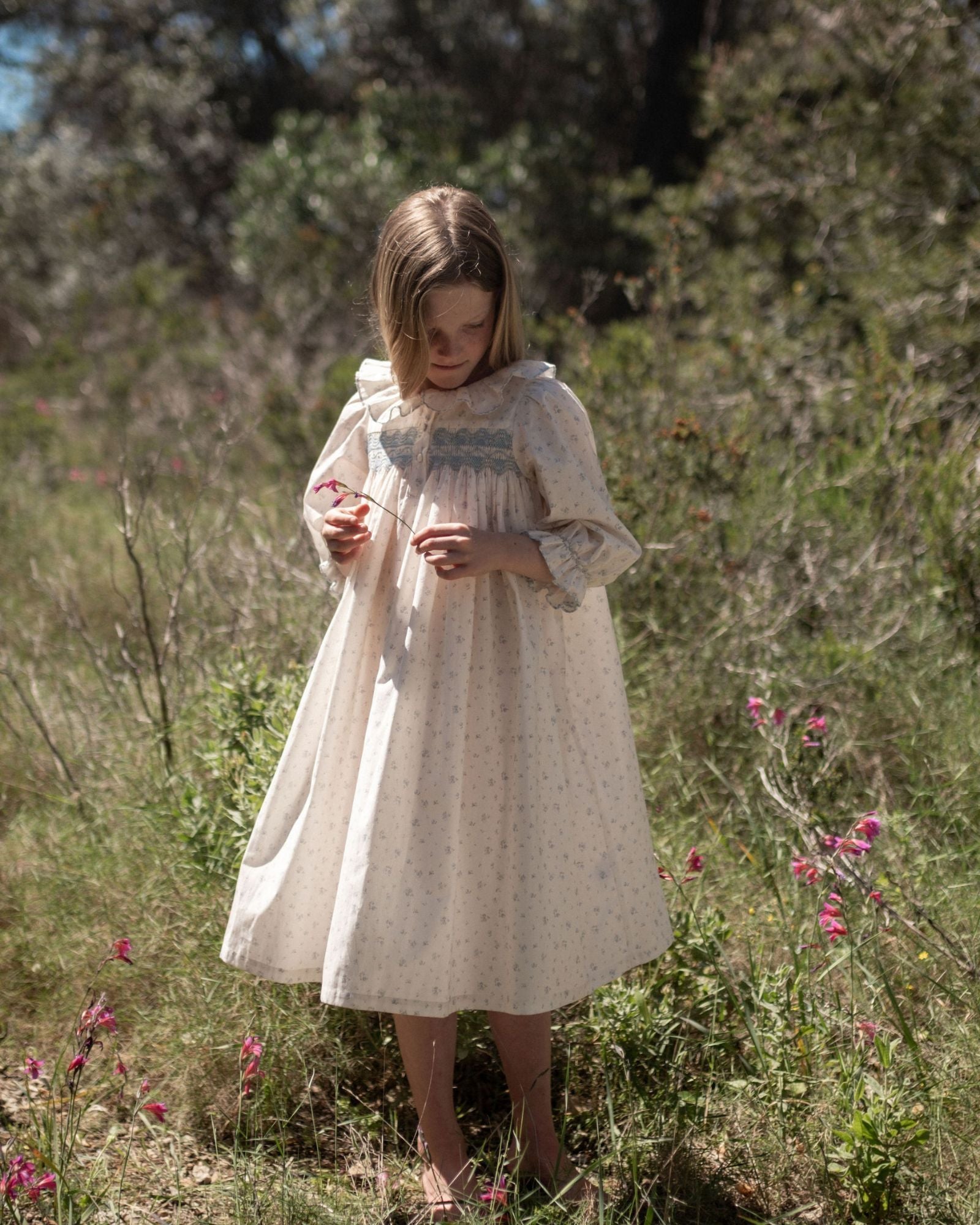 Nightingale Girl's Dress Forget-me-not Ditsy with Daydreams Hand Smocking