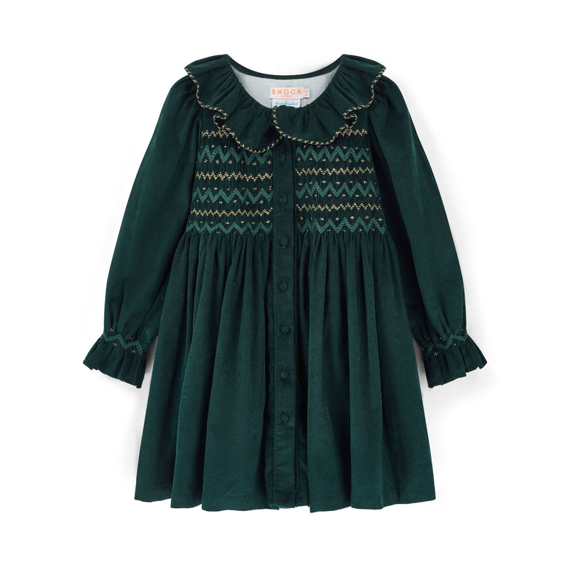 Elizabeth Blackwell Dress Pine Tree Needlecord with Nordic Sparkle Hand Smocking