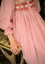 1-2 & 2-3y Samantha Varvel x Smock London Nightingale Girl's Dress Gingerbread Stripes with Snow Heart Hand Smocking
