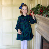 Margaret Thatcher Dress Black Watch Tartan with Golden Glimmer Hand Smocking