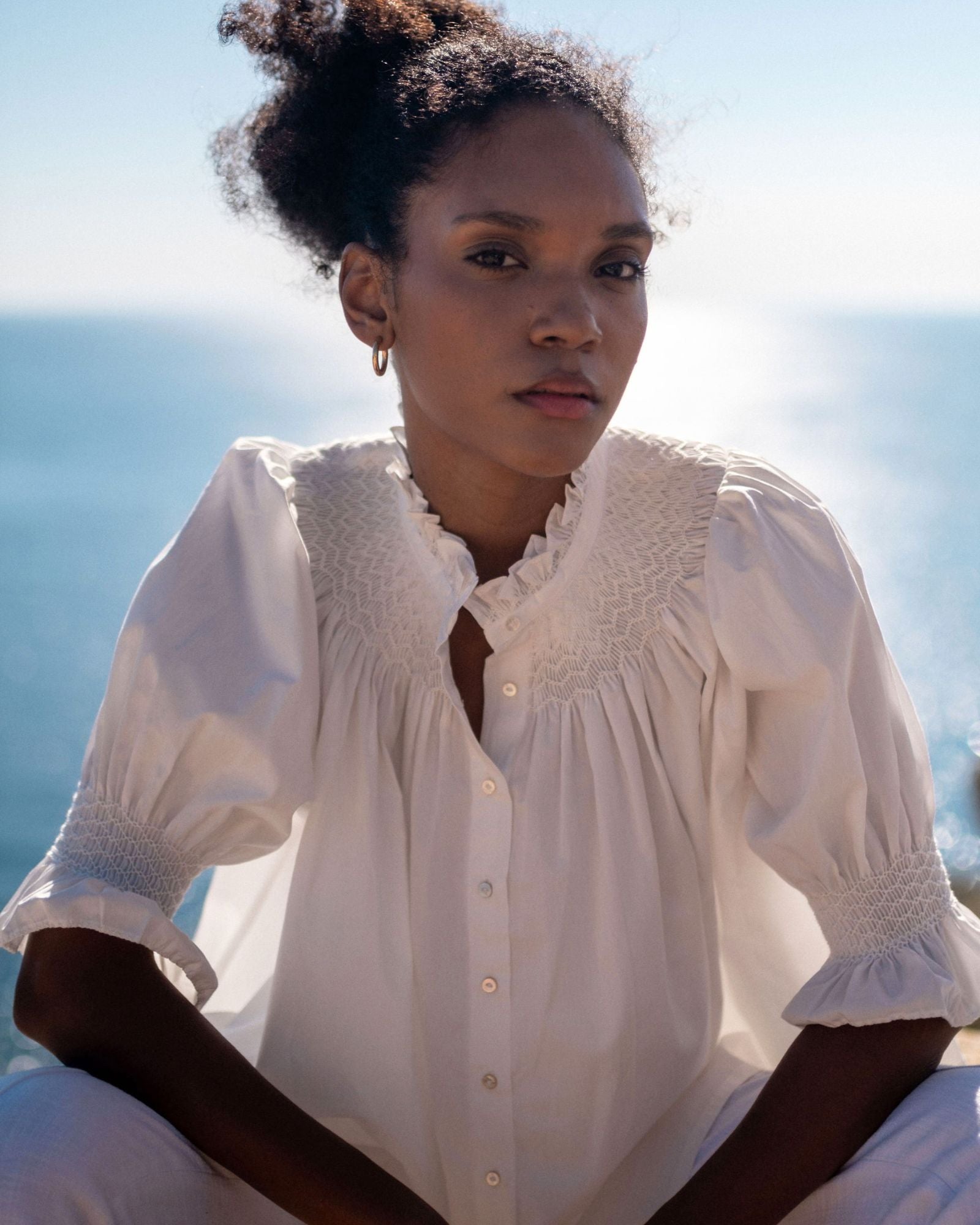 Scholl Women's Summer Blouse White with Ivory Hand Smocking Edition 9