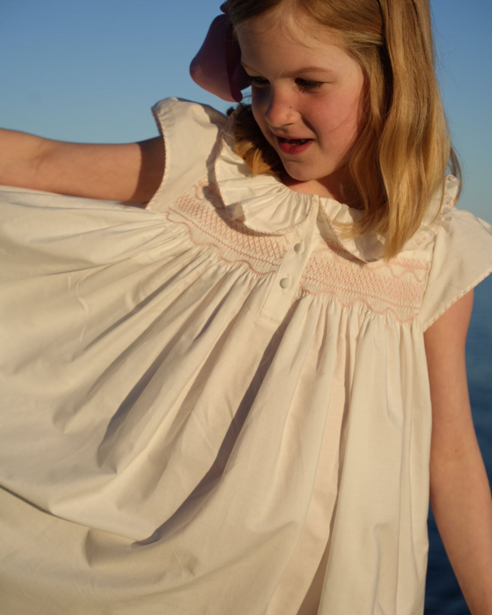 Nightingale Girl's Dress Moonstone Cotton with Seashell Stacked Curves Hand Smocking