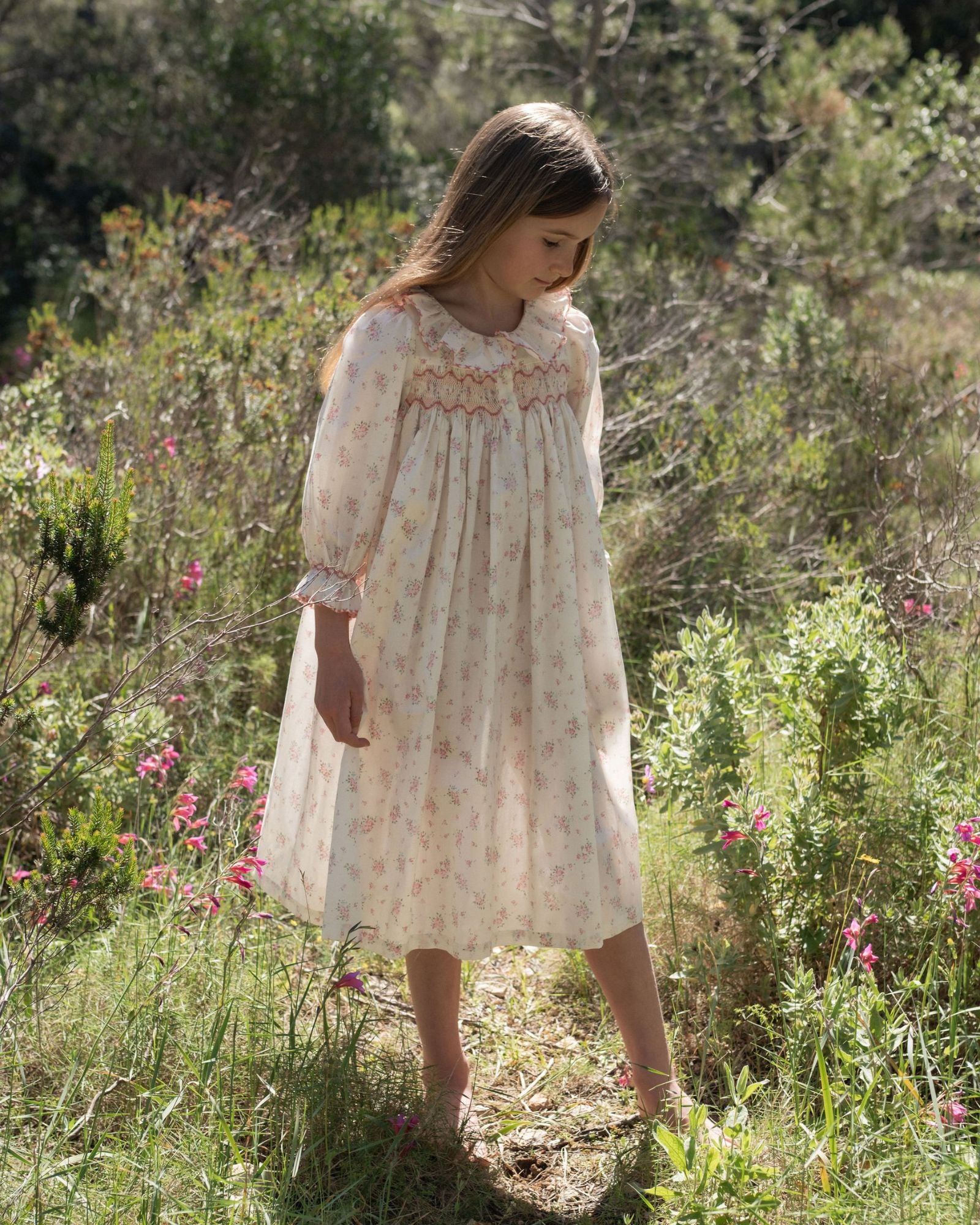 Nightingale Girl's Dress Rosebud Chintz with Peony Hand Smocking