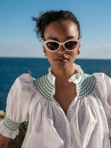 Scholl Women's Summer Blouse White with Green Apple Hand Smocking