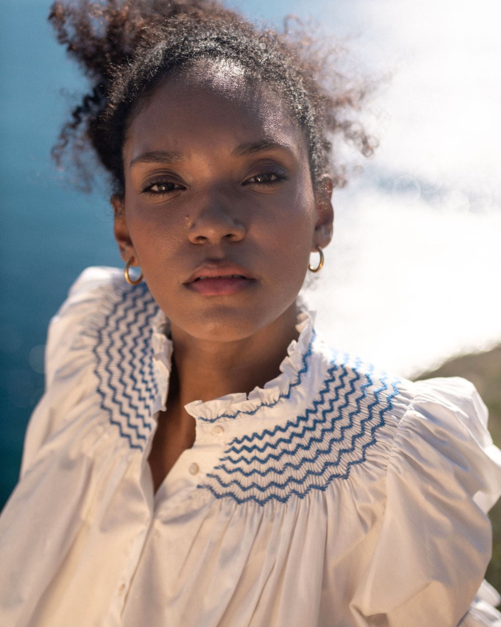 Scholl Women's Summer Blouse White with Sapphire Hand Smocking