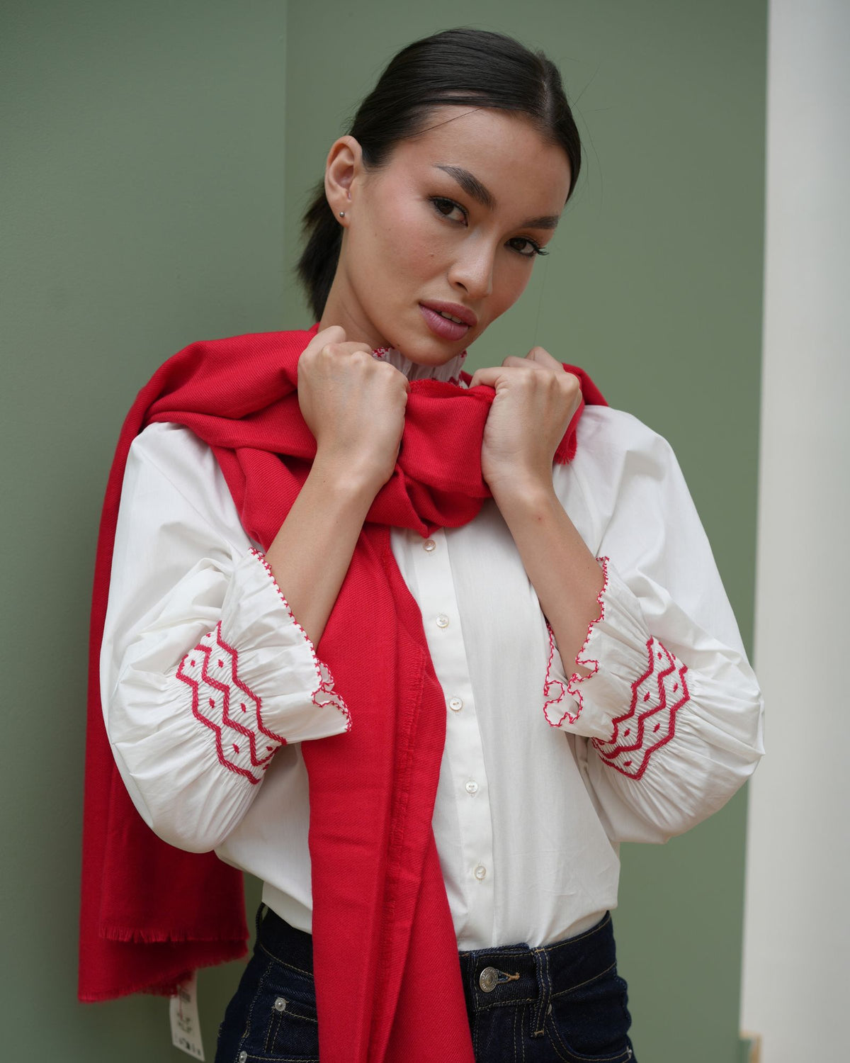 Shelley Blouse White Cotton with Pillar Box Red Hand Smocking