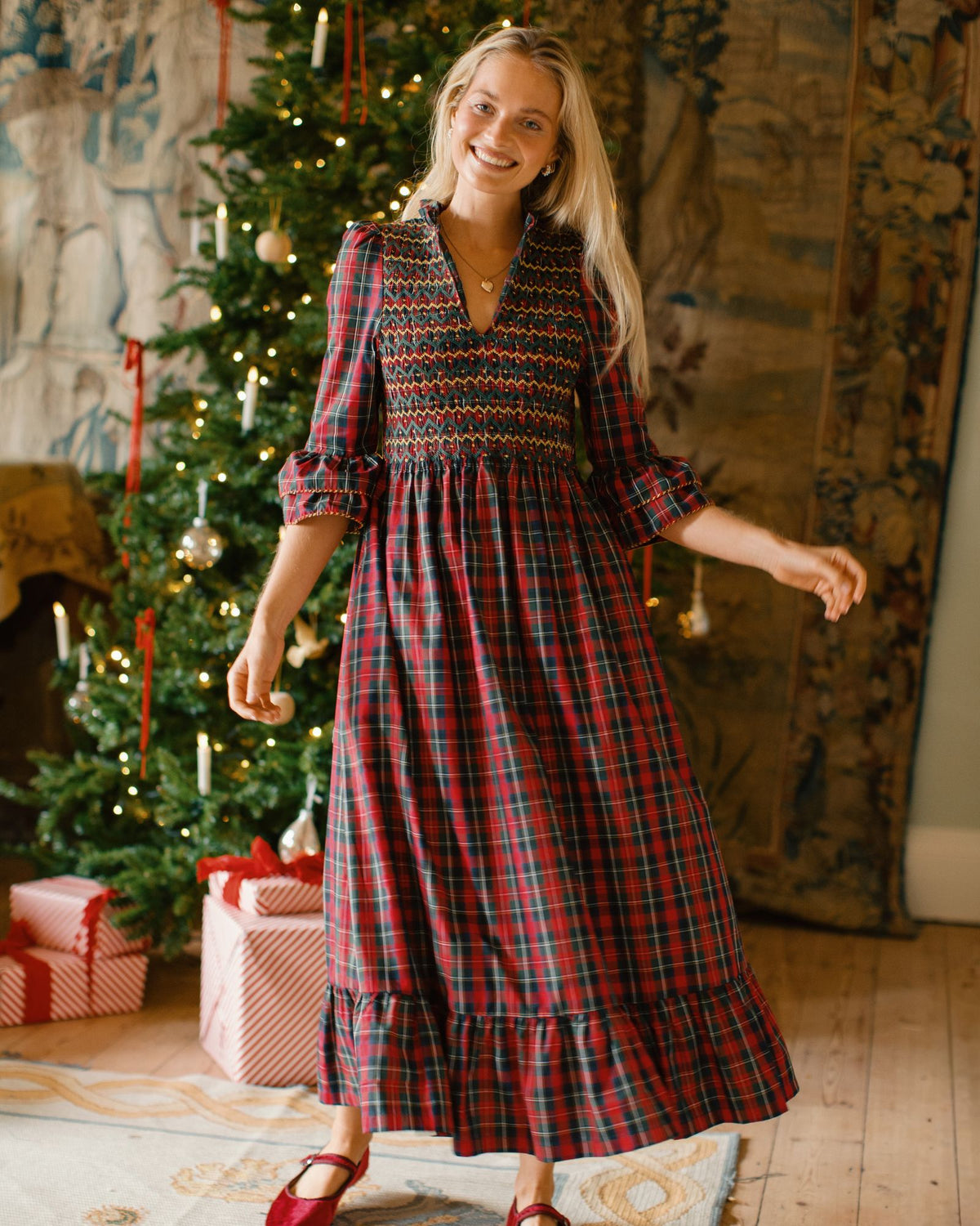 Emmeline Pankhurst Dress McDonald Tartan with Green and Glitter Hand Smocking
