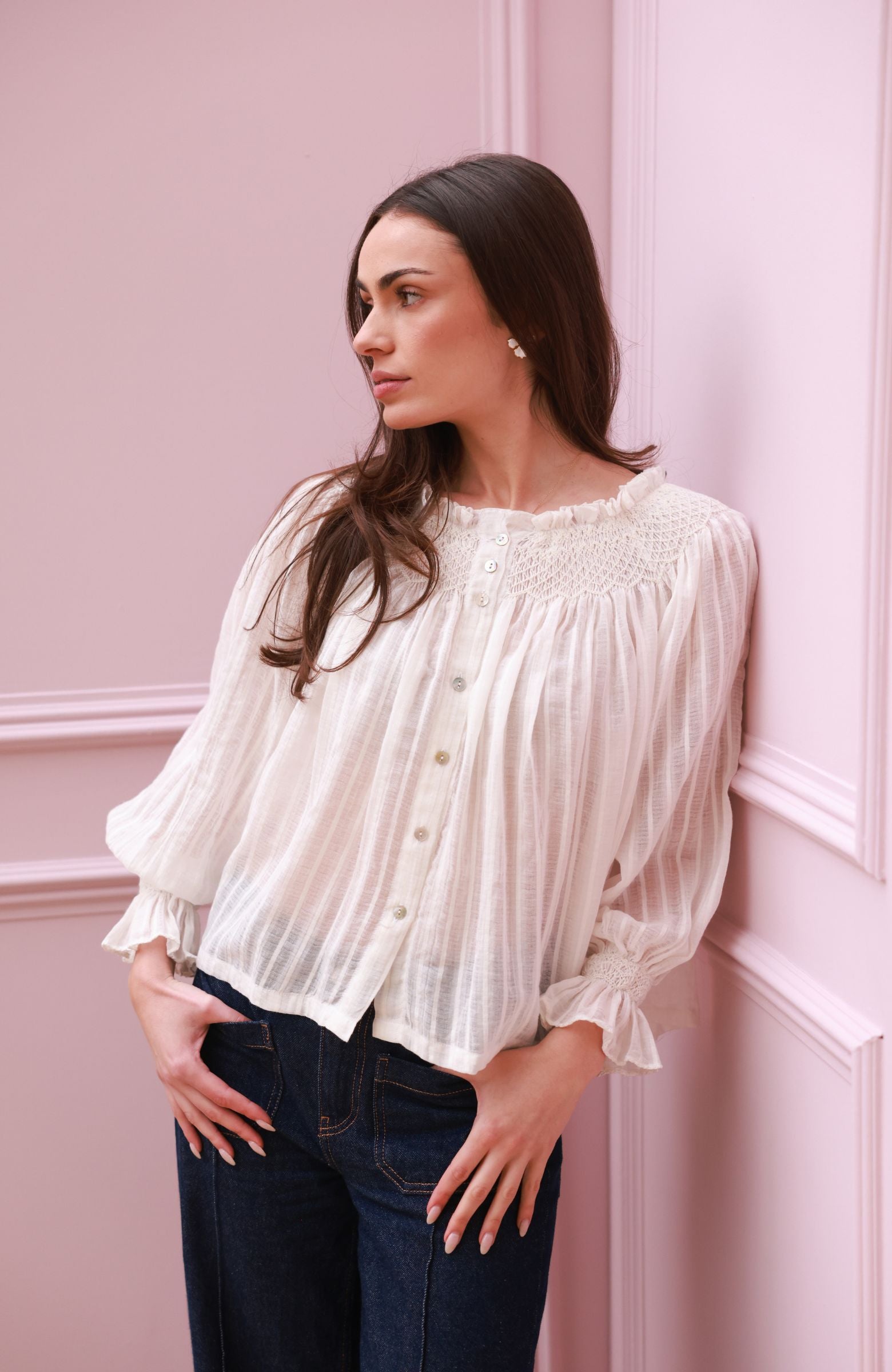 Cleopatra Blouse White Stripe Cotton Muslin with milk Hand Smocking Edition 37