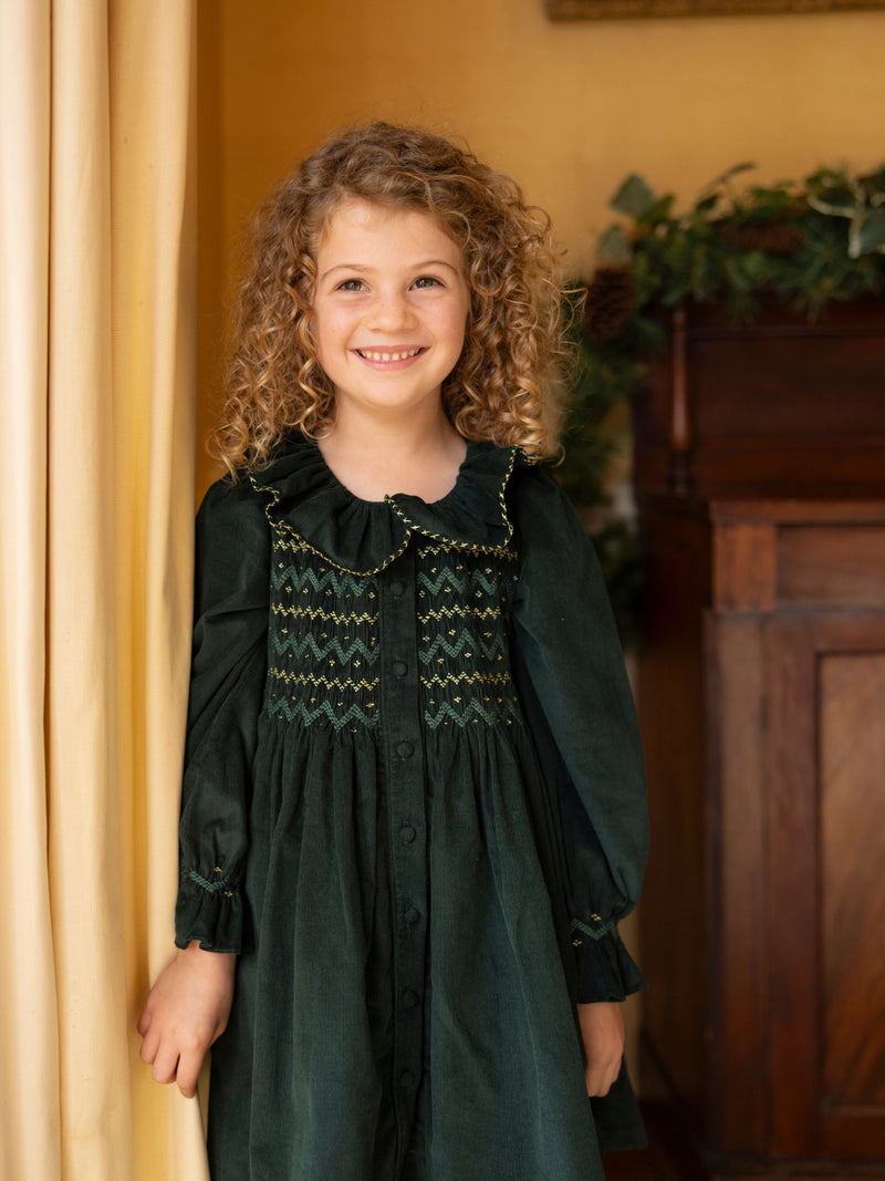 Elizabeth Blackwell Dress Pine Tree Needlecord with Nordic Sparkle Hand Smocking