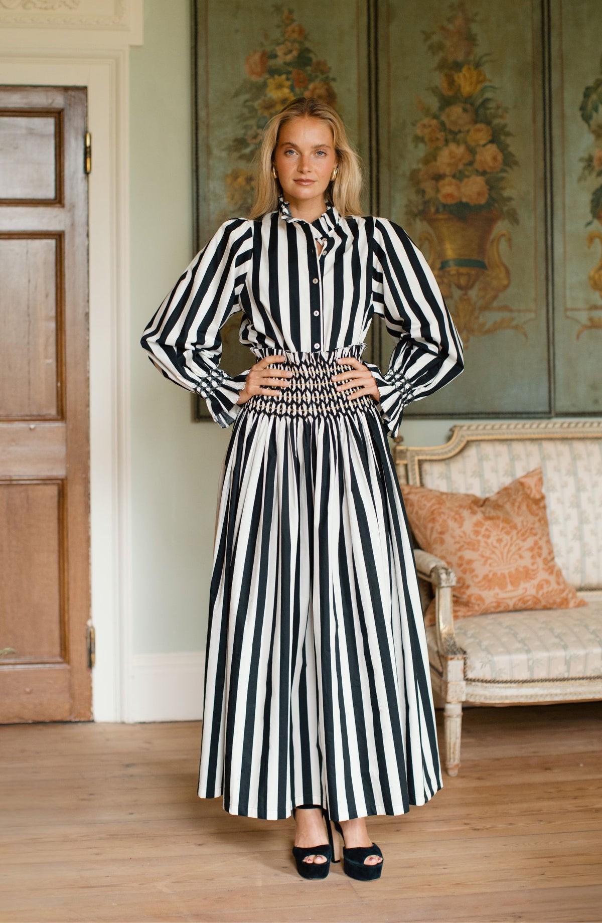Maxi Sullivan Skirt Palais Royale Stripe with Golden Onyx Hand Smocking