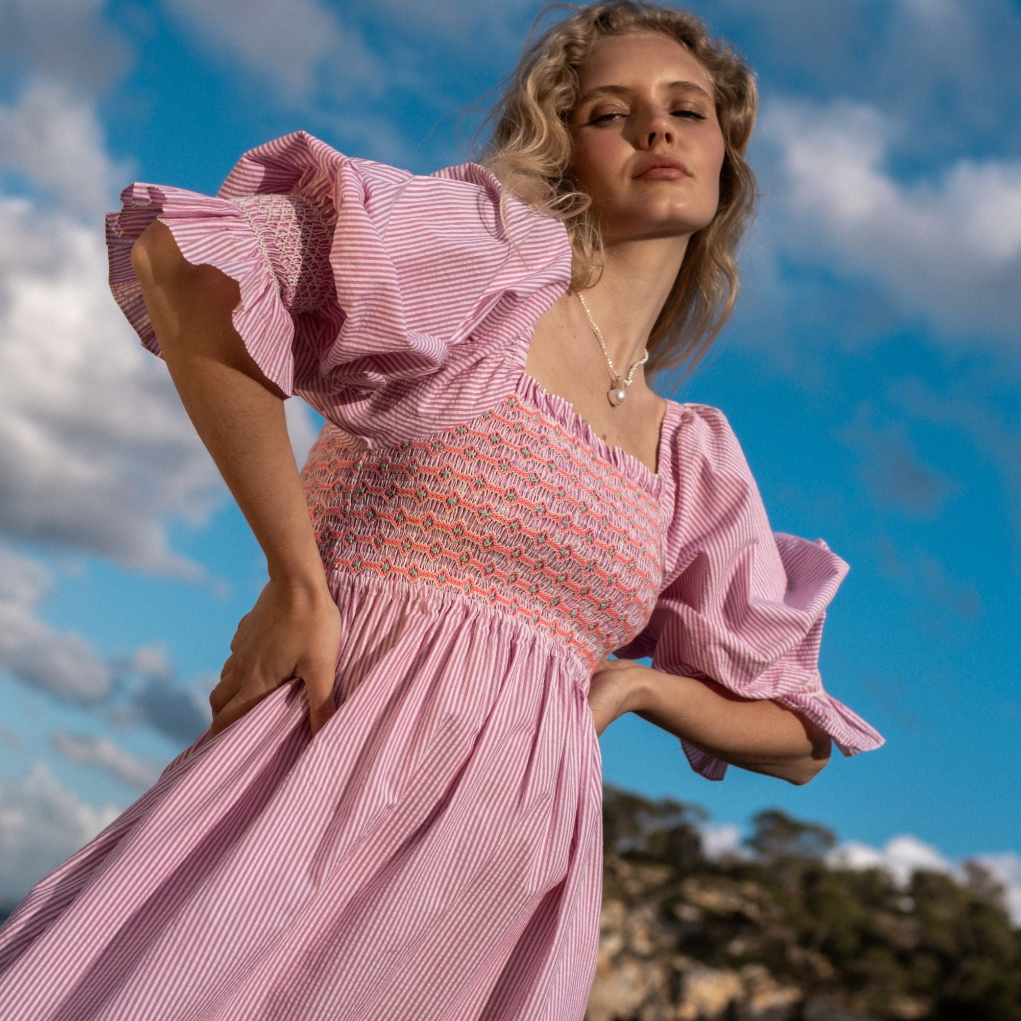 Small Josefine Butler Dress Raspberry Stripe Seersucker with Cool-Ade Hand Smocking